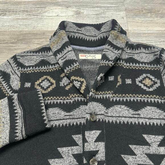 Levis Gray Black Aztec‎ Western Tribal Mens L Shawl Collar Cardigan Sweater EUC - Picture 1 of 9